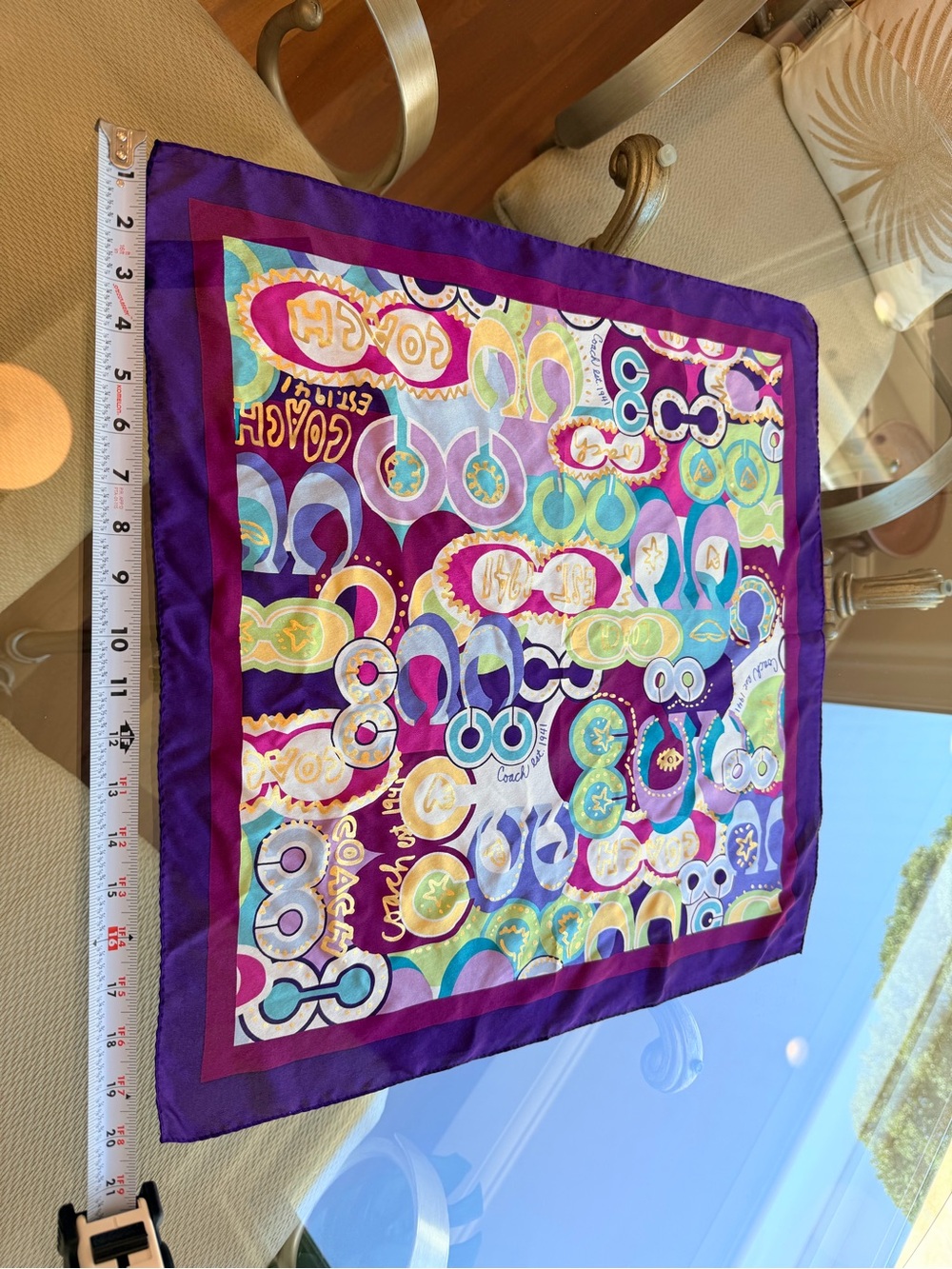 COACH Vibrant Purple Multicolor Graphic 100% Silk Scarf